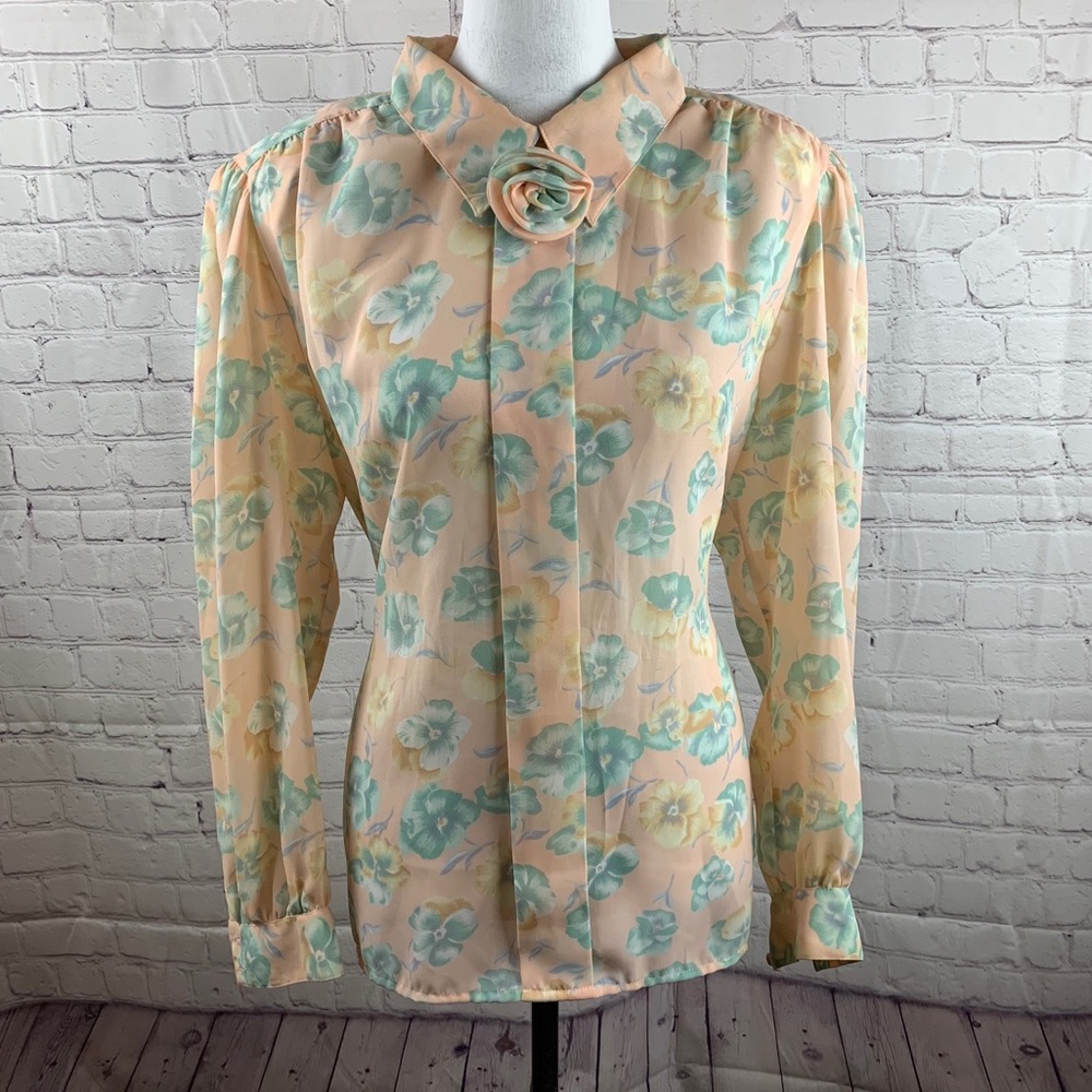 VINTAGE PERSONAL II Blouse Sheer Style with Long Sleeves Peach Floral Design